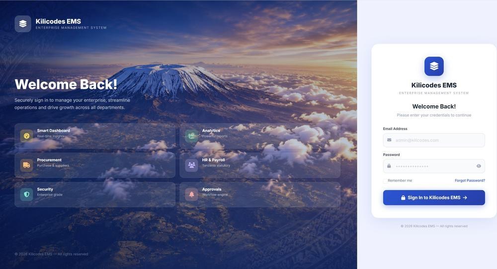 KiliCodes ERM sign-in screen over Mount Kilimanjaro